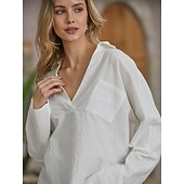 voordelige Overhemden-Dames Katoenen linnen overhemd Blouse Effen Basic Lange mouw V-hals Normale tops Werk Casual Knop Zak Zwart Wit Rood Khaki Grijs Zomer Lente