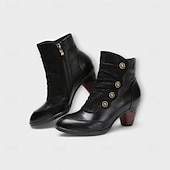 tanie Buty do kostki-damskie botki vintage z czerwonej skóry – najwyższej jakości skóra bydlęca z kwiatowymi akcentami guzikowymi i grubym obcasem, idealne do stylu retro i na co dzień