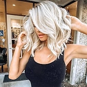 cheap Synthetic Trendy Wigs-Wig Short Hair Dyed Gradient White Gold Wavy Wig