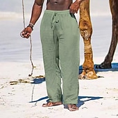 cheap Holiday-Men&#039;s Linen Pants Trousers Summer Pants Beach Pants Pocket Drawstring Elastic Waist Plain Comfort Breathable Daily Holiday Vacation Hawaiian Boho Black White