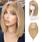 baratos Franjas-Topper de cabelo de 14 polegadas para mulheres com cabelos ralos, perucas toppers para cabelos ralos com franja, cobertura de base grande, topper de cabelo sintético, prendedores de cabelo, marrom