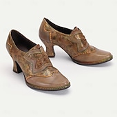 cheap Victorian &amp; Edwardian-Women's Heels Pumps Handmade Shoes Vintage Shoes Wedding Party Floral Kitten Heel Round Toe Elegant Vintage Premium Leather Lace-up Brown