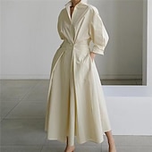 abordables Robes de travail-Femme Taille EU / US robe longue Robe unie Elégant Sexy Bouffantes Vacances Rendez-vous Ample Pois Plein manche longue Col V Noir et Blanc Noir Blanche Rouge Eté Printemps Automne Hiver