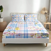 abordables Sábanas y funda de almohada-Juego de sábanas ajustables con patrón de primavera a rayas florales 100% algodón, sábanas sedosas y transpirables ultra suaves, sábanas con bolsillos profundos, tamaño queen king de 3 piezas