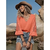 economico Top in Pizzo-Bluse Eleganti in Pizzo per Donna con Occhielli Camicia Boho a Maniche 3/4 Collo a V Petits Romantici da Indossare in Estate e Vacanza Nero Arancione Estate Primavera