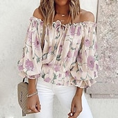 preiswerte Hemden-Damen Boho-Hemd Bluse Blume Modern Boho Langarm Schulterfrei Normale Oberteile Ferien Ausgehen Druck Weiß Rosa Blau Aprikose Sommer