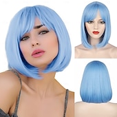 baratos Perucas de festa-perucas bob azuis para mulheres peruca de cabelo curto com franja perucas bob retas com parte do meio perucas sintéticas macias e cheias para uso diário em festas perucas de carnaval de 14 polegadas