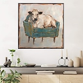 cheap Animal Paintings-Handmade A cow sitting on a sofa painting  handmade Abstract Cow Oil Painting Unique Artwork Vibrant Animal Canvas painting Wall Art Cow painting for living room bedroom wall home decor