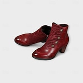 tanie Buty do kostki-damskie botki vintage z czerwonej skóry – najwyższej jakości skóra bydlęca z kwiatowymi akcentami guzikowymi i grubym obcasem, idealne do stylu retro i na co dzień