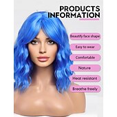 preiswerte Party Perücken-Blaue gewellte Bob-Perücken für Frauen, Kunsthaarperücke mit Pony für den täglichen Gebrauch, Karnevalsperücken