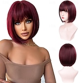 economico Parrucche trendy sintetiche-bob parrucche con la frangetta borgogna parrucca per le donne vino rosso parrucca breve rettilineo parrucca resistente al calore fibra sintetica parrucca halloween cosplay 99j parrucche colorate