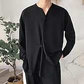 cheap Men&#039;s Button Up Shirts-Men&#039;s Shirt Summer Shirt Casual Shirt Beach Shirt Black White Long Sleeve Plain V Neck Hawaiian Holiday Clothing Apparel Fashion Casual Comfortable
