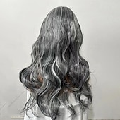 economico Parrucche trendy sintetiche-parrucche grigie lunghe a strati per le donne parrucche ondulate d&#039;argento parrucca di capelli sintetici naturali per l&#039;uso quotidiano delle feste parrucche per feste di natale