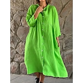 cheap Dresses-Women&#039;s Black White Yellow Summer Spring Midi Dress Linen-Inspired Dresses Shirt Dress Casual Dress Basic Modern Daily Weekend Loose Fit Plain Shirt Collar