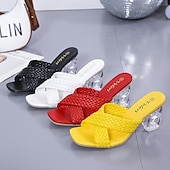 economico Slip-ons e mocassini da donna-sandali bianchi intrecciati da donna - punta aperta, tacco spesso trasparente, scarpe estive alla moda per abbigliamento casual e da festa