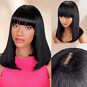 billige Parykker med blondefront, naturlig hår-rett parykk menneskehår med smell 2x1 blonder klippet parykker realistisk utseende hodebunn bob bangs parykker for kvinner naturlig farge brasiliansk menneskelig jomfruhår parykker
