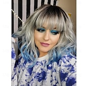 voordelige Synthetische trendy pruiken-blauwe pruik met pony korte bob gekrulde pruiken voor witte vrouwen kleurrijke golvende bob pruiken met pony hittebestendige synthetische zilver blauwe pruiken voor dagelijks feest cosplay kostuum