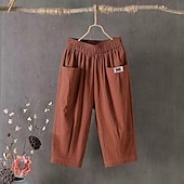 お買い得  プレーンコットンリネンパンツ-女性用 コットンリネンパンツ パンツ カジュアル 普段着 ふくらはぎ丈 平織り ポケット 通気性 快適 伸縮性なし お出かけ 週末 ブラック ホワイト イエロー ブルー 春夏 レギュラー