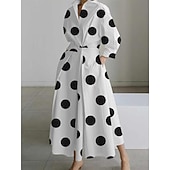 abordables Robes de travail-Femme Taille EU / US robe longue Robe unie Elégant Sexy Bouffantes Vacances Rendez-vous Ample Pois Plein manche longue Col V Noir et Blanc Noir Blanche Rouge Eté Printemps Automne Hiver