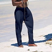 cheap Holiday-Men&#039;s Linen Pants Trousers Summer Pants Beach Pants Pocket Drawstring Elastic Waist Plain Comfort Breathable Daily Holiday Vacation Hawaiian Boho Black White