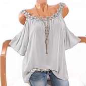 voordelige Dames eenvoudige tops-Overhemd Kanten overhemd Blouse Dames Wit Blozend Roze Leger Groen Effen Koude schouder Straat Dagelijks Modieus Ronde hals Normale pasvorm S