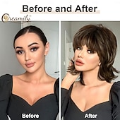cheap Synthetic Trendy Wigs-Mullet Wig Shaggy Layered Fluffy Brown Mixed Blonde Curly Pixie Cut Wigs with Bangs Synthetic Wolf Cut Wig for Women 70s 80s Rocker Cosplay Halloween Costume Hair Replacement Wigs