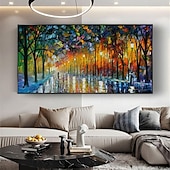 abordables Peintures paysages-peinture au couteau à pattle couple peint à la main avec parapluie marchant sous les lumières arbres effet de peinture à l&#039;huile retrousser l&#039;art de la toile peinture d&#039;art mural peinture de paysage