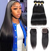 preiswerte 4 Bündel Echthaargewebe-knochenglatte Echthaarbündel mit Verschluss, 4x4-Spitzenverschlüsse mit Bündeln, brasilianische Haarwebartbündel mit Verschluss, Remy-Haar