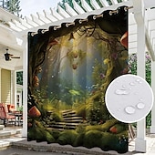 preiswerte Wasserdichte Vorhänge-Wasserdichter Outdoor Vorhang Außenvorhang für Privatsphäre, Außenjalousien, verschiebbare Terrassenvorhangvorhänge, Pergolavorhänge mit Ösen, Pilzwald für Pavillon, Balkon, Veranda, Party