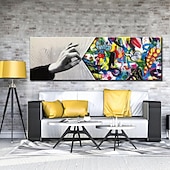 cheap POP Oil Paintings-Handmade Hand Painted Wall Art Behind the Curtain Kid graffiti art Banksy Wall Art Urban Style Canvas Decor Rolled Canvas No Frame Unstretched