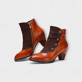 tanie Buty do kostki-damskie botki vintage z czerwonej skóry – najwyższej jakości skóra bydlęca z kwiatowymi akcentami guzikowymi i grubym obcasem, idealne do stylu retro i na co dzień