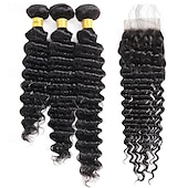 economico 4 ciocche di capelli veri tessitura-ishow capelli onda profonda fasci di capelli umani con chiusura frontale hd estensione del tessuto dei capelli brasiliani del merletto fasci di capelli 3/4 fasci di capelli con chiusura