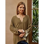 voordelige Overhemden-Dames Overhemd Blouse Katoenen linnen overhemden Effen Basic Lange mouw V-hals Lange tops Casual Dagelijks Zwart Wit Blozend Roze Leger Groen blauw Zomer Lente