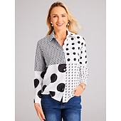 billiga Kvinnors randiga och geometriska toppar-Dam Skjorta mode knappar tryck lång ärm vanliga toppar skjortkrage casual vit vår och höst