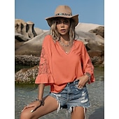 economico Top in Pizzo-Bluse Eleganti in Pizzo per Donna con Occhielli Camicia Boho a Maniche 3/4 Collo a V Petits Romantici da Indossare in Estate e Vacanza Nero Arancione Estate Primavera