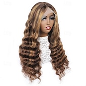economico Parrucche lace front capelli veri-Parrucche per capelli umani anteriori in pizzo con onda profonda sciolta al 150% densità 13 * 4 Parrucche per capelli umani in pizzo trasparente evidenziano 4/27 colori