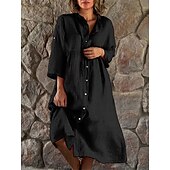cheap Dresses-Women&#039;s Black White Yellow Summer Spring Midi Dress Linen-Inspired Dresses Shirt Dress Casual Dress Basic Modern Daily Weekend Loose Fit Plain Shirt Collar