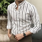 preiswerte Herrenhemd zum Knöpfen-Herren Hemd Sommerhemd Freizeithemd Strandhemd Knopfhemd Gestreifte Hemden Schwarz Weiß Blau Langarm Gestreift Umlegekragen Urlaub Ferien Button-Down Bekleidung Polyester Mode Lässig Bequem