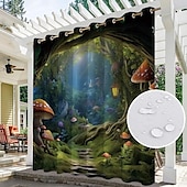 preiswerte Wasserdichte Vorhänge-Wasserdichter Outdoor Vorhang Außenvorhang für Privatsphäre, Außenjalousien, verschiebbare Terrassenvorhangvorhänge, Pergolavorhänge mit Ösen, Pilzwald für Pavillon, Balkon, Veranda, Party