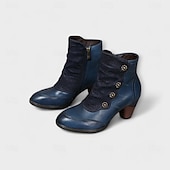 tanie Buty do kostki-damskie botki vintage z czerwonej skóry – najwyższej jakości skóra bydlęca z kwiatowymi akcentami guzikowymi i grubym obcasem, idealne do stylu retro i na co dzień