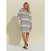 preiswerte Lässiges Kleid mit Aufdruck-Geometrisches Mini-Hemdkleid mit langen Ärmeln