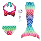 voordelige Zeemeermin badpak-Kinderen Voor meisjes Vijf stuk Zeemeermin zwemkleding Badmode Bikini Strand Zwemmen Regenboog Tie Dye leuke Style Badpakken 3-10 jaar Zomer Licht Blauw Kleurrijk