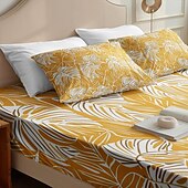 cheap Sheets &amp; Pillowcase-Leaves Spring Pattern Fitted Sheet Set 100% Cotton Ultra Soft Breathable Silky Bed Sheets Deep Pocket Bedding Sheets 3 Piece Queen King Size