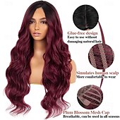 economico Parrucche trendy sintetiche-parrucche per donne 26 pollici lunghe ombre vino rosso con riga centrale parrucche ondulate per le donnegrande parrucca rimbalzante soffice e soffice in fibra sintetica resistente al caloreideale per