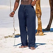cheap Holiday-Men&#039;s Linen Pants Trousers Summer Pants Beach Pants Pocket Drawstring Elastic Waist Plain Comfort Breathable Daily Holiday Vacation Hawaiian Boho Black White