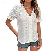 preiswerte Damen Arbeitsoberteile-Hemd Spitzenhemd Bluse Öse oben Damen Weiß Glatt Spitze Ausgeschnitten Strasse Täglich Modisch V Ausschnitt Regular Fit S