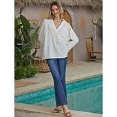voordelige Overhemden-Dames Katoenen linnen overhemd Blouse Effen Basic Lange mouw V-hals Normale tops Werk Casual Knop Zak Zwart Wit Rood Khaki Grijs Zomer Lente