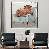 cheap Animal Paintings-Handmade A cow sitting on a sofa painting  handmade Abstract Cow Oil Painting Unique Artwork Vibrant Animal Canvas painting Wall Art Cow painting for living room bedroom wall home decor