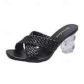 economico Slip-ons e mocassini da donna-sandali bianchi intrecciati da donna - punta aperta, tacco spesso trasparente, scarpe estive alla moda per abbigliamento casual e da festa
