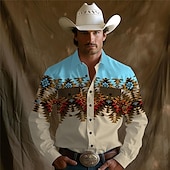 abordables camisas occidentales de los hombres-Hombre azteca Tribal Ética / Africana camisa occidental Camisa vaquera Manga Larga Vintage estilo occidental Tribal Exterior Vacaciones Carrera de caballos Primavera verano Cuello Vuelto Estampado